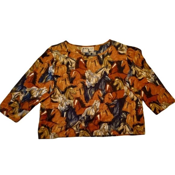 Take Two HORSE INSPIRED 3/4 Sleeve Round Neck 100% Cotton Top XL - Picture 1 of 4